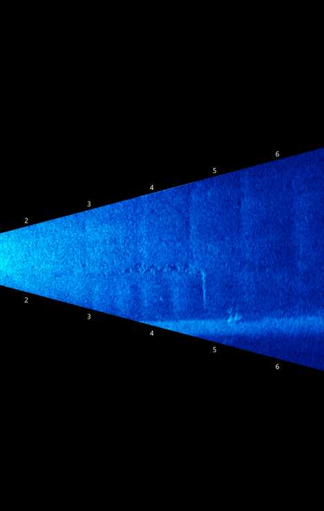 Imagem sonar de parede de descarga de fundo com erosão